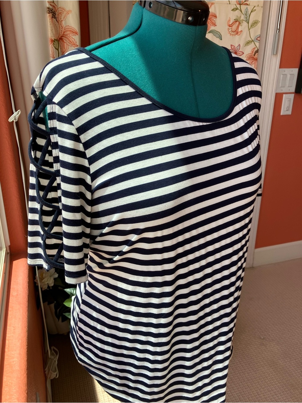 PerSeption Concept Black and White Striped Scoop Neck Short Sleeve Top 2X